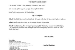 Quyết định 1510/QĐ-TTg Kế hoạch triển khai thi hành Luật Nghĩa vụ quân sự 2015