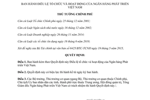 Quyết định 1515/QĐ-TTg Điều lệ tổ chức và hoạt động của Ngân hàng Phát triển Việt Nam 2015