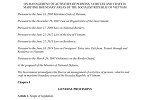 Decree of Government No. 71/2015/ND-CP management persons vehicles craft maritime boundary areas socialist republic