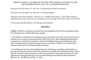Decision No. 1528/QD-TTg promulgating number specific mechanisms policies development Da Lat Lam Dong 2015