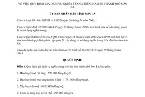 Quyết định 29/2015/QĐ-UBND giá dịch vụ nghĩa trang Sơn La