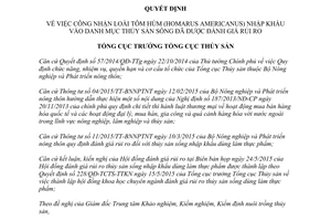 Quyết định 540/QĐ-TCTS-TTKN tôm hùm nhập khẩu thủy sản sống đã được đánh giá rủi ro