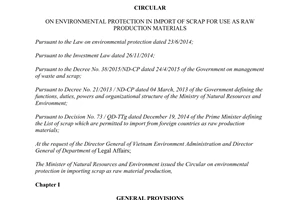 Circular No. 41/2015/TT-BTNMT environmental protection in import of scrap for use as raw production materials