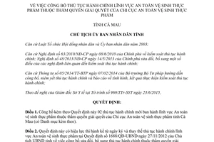 Quyết định 1326/QĐ-UBND thủ tục hành chính an toàn vệ sinh thực phẩm Cà Mau