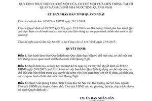 Quyết định 287/QĐ-UBND thực hiện cơ chế một cửa liên thông cơ quan hành chính nhà nước Quảng Ngãi 2015