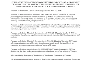Circular No. 143/2015/TT-BTC procedure for customs clearance and management motor vehicles import