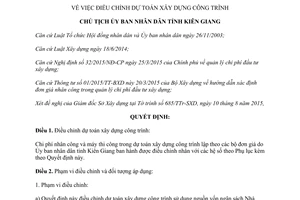 Quyết định 1971/QĐ-UBND điều chỉnh dự toán xây dựng công trình tỉnh Kiên Giang 2015