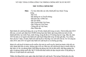 Công điện 1632/CĐ-TTg phòng chống sốt xuất huyết 2015