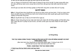 Quyết định 2623/QĐ-UBND thủ tục hành chính thuộc thẩm quyền sở nông nghiệp Cần Thơ 2015