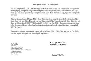 Công văn 1649/TY-KD kiểm dịch động vật sản phẩm động vật xuất nhập khẩu tại cửa khẩu Tây Trang