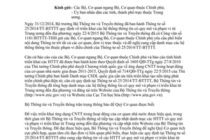 Công văn 3005/BTTTT-THH danh mục hệ thống thông tin qui mô phạm vi từ trung ương đến địa phương