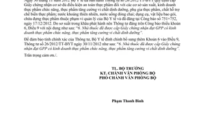 Công văn 7131/BYT-VPB1 đính chính 26/2012/TT-BYT chứng nhận cơ sở đủ điều kiện an toàn thực phẩm