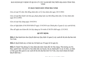 Quyết định 27/2015/QĐ-UBND Quy định quản lý cây xanh đô thị Trà Vinh