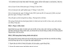Quyết định 53/2015/QĐ-TTg chính sách nội trú học sinh sinh viên học cao đẳng trung cấp