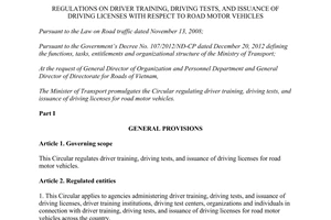 Circular No. 58/2015/TT-BGTVT driver training tests issuance of driving licenses with respect to road motor vehicles