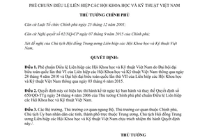 Quyết định 1795/QĐ-TTg phê chuẩn điều lệ liên hiệp các hội khoa học kỹ thuật Việt Nam 2015