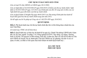 Quyết định 2905/QĐ-UBND phê duyệt danh mục thủ tục hành chính đặc thù liên thông chuẩn hóa Vĩnh Phúc 2015