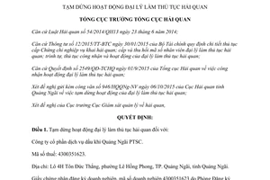 Quyết định số 3234/QĐ-TCHQ tạm dừng hoạt động đại lý làm thủ tục hải quan 2015