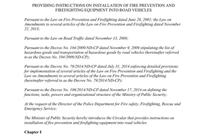 Circular No. 57/2015/TT-BCA instructions installation fire prevention firefighting equipment into road vehicles