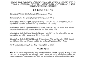 Quyết định 1820/QĐ-TTg sửa đổi một số nội dung Quyết định 371/QĐ-TTg và Quyết định 2047/QĐ-TTg 2015