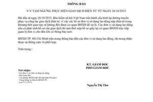 Thông báo 3464/TB-BHXH tạm ngưng thực hiện giao dịch điện tử Hồ Chí Minh 2015