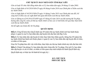 Quyết định 1902/QĐ-UBND thủ tục hành chính thuộc phạm vi quản lý ủy ban nhân dân huyện Bạc Liêu 2015