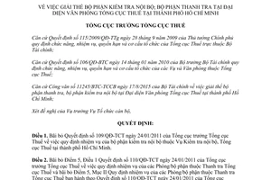 Quyết định 2085/QĐ-TCT giải thể bộ phận kiểm tra nội bộ thanh tra đại diện văn phòng tổng cục thuế Hồ Chí Minh 2015