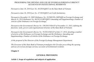 Circular No. 20/2015/TT-NHNN opening use of overseas foreign-currency accounts of institutional residents
