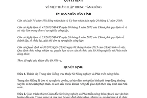 Quyết định 58/2015/QĐ-UBND thành lập trung tâm giống Thừa Thiên Huế