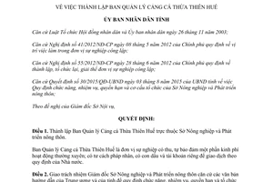 Quyết định 55/2015/QĐ-UBND thành lập ban quản lý cảng cá Thừa Thiên Huế