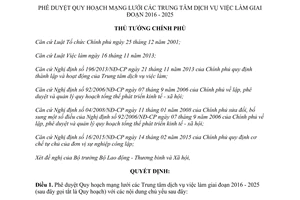 Quyết định 1833/QĐ-TTg Quy hoạch mạng lưới các Trung tâm dịch vụ việc làm 2015