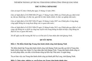 Quyết định 1831/QĐ-TTg thí điểm thành lập trung tâm hành chính công Quảng Ninh 2015