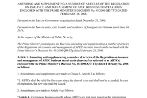 Decision No. 54/2015/QĐ-TTg amending of the Regulation issuance and management of Apec business travel cards
