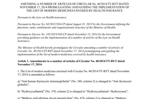 Circular No. 36/2015/TT-BYT amending 40/2014/TT-BYT the implementation modern medicines covered