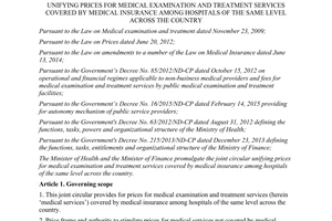 joint Circular 37/2015/TTLT-BYT-BTC unifying prices medical examination treatment services medical insurance