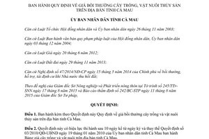 Quyết định 35/2015/QĐ-UBND quy định giá bồi thường cây trồng vật nuôi thủy sản Cà Mau