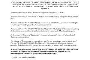 Circular No. 59/2015/TT-BGTVT amending 80/2014/TT-BGTVT inland waterway transportation passengers luggage