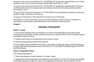 Circular No. 37/2015/TT-BCT limits inspection of content of formaldehyde aromatic amines derived