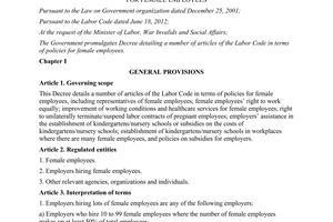 Decree No. 85/2015/ND-CP detailing a number of articles the Labor Code in terms of policies for female employees