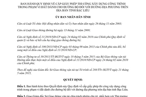 Quyết định 15/2015/QĐ-UBND cấp giấy phép thi công xây dựng công trình Bạc Liêu