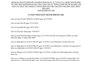 Quyết định 4974/QĐ-UBND bổ sung 3384/QĐ-UBND giá làm căn cứ tính lệ phí trước bạ nhà Hà Nội