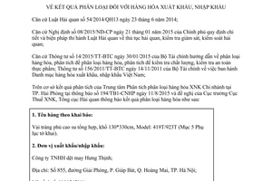 Thông báo 9104/TB-TCHQ kết quả phân loại vải tráng phủ cao su tổng hợp xuất nhập khẩu  2015