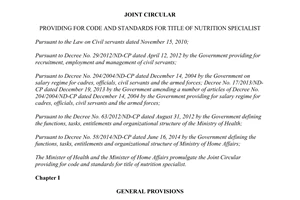 Joint circular No. 28/2015/TTLT-BYT-BNV providing for code and standards for title of nutrition specialist