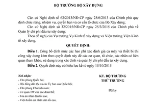 Quyết định 1134/QĐ-BXD định mức hao phí xác định giá ca máy thiết bị thi công xây dựng 2015