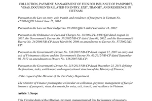 Circular No. 157/2015/TT-BTC management of fees for issuance of passports visas entry exit transit