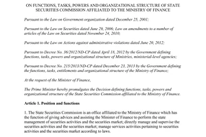 Decision 48/2015/QD-TTg tasks powers organizational structure State Securities Commission affiliated