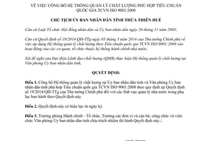 Quyết định 2063/QĐ-UBND Hệ thống quản lý chất lượng phù hợp ISO 9001:2008 Thừa Thiên Huế 2015