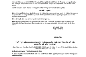 Quyết định 2944/QĐ-UBND thủ tục hành chính thuộc thẩm quyền sở tài nguyên môi trường Cần Thơ 2015