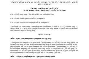 Nghị quyết 1050/2015/UBTVQH13 chức năng quyền hạn cơ cấu tổ chức của Viện nghiên cứu lập pháp