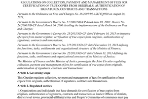 Joint circular No. 158/2015/TTLT-BTC-BTP management of fees for certification of true copies from originals